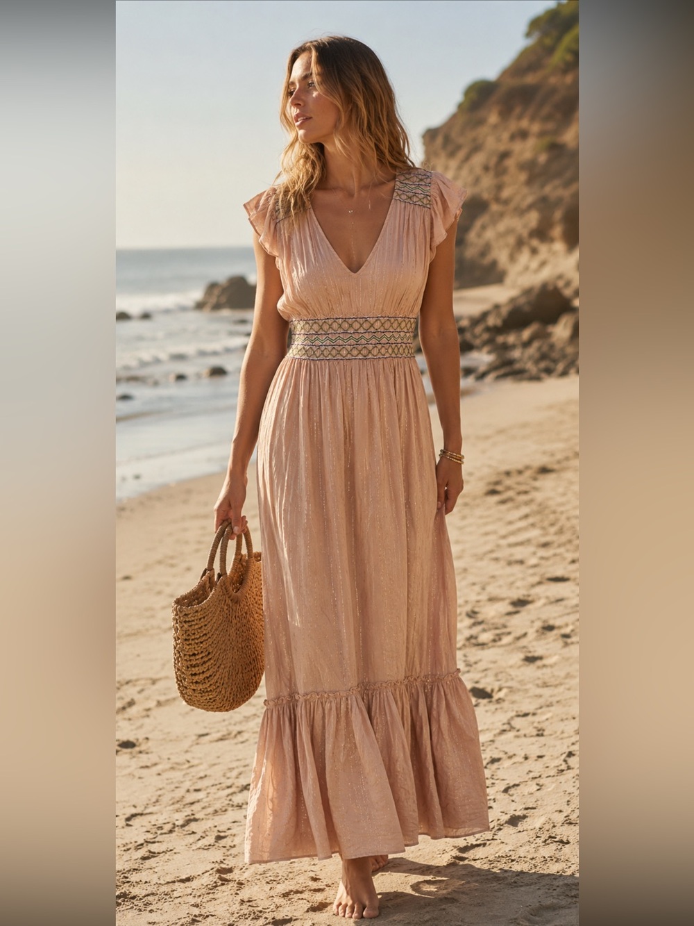 Anthropologie Accuracy à la Plage Boho Smocked Maxi Dress Blush Pink XS